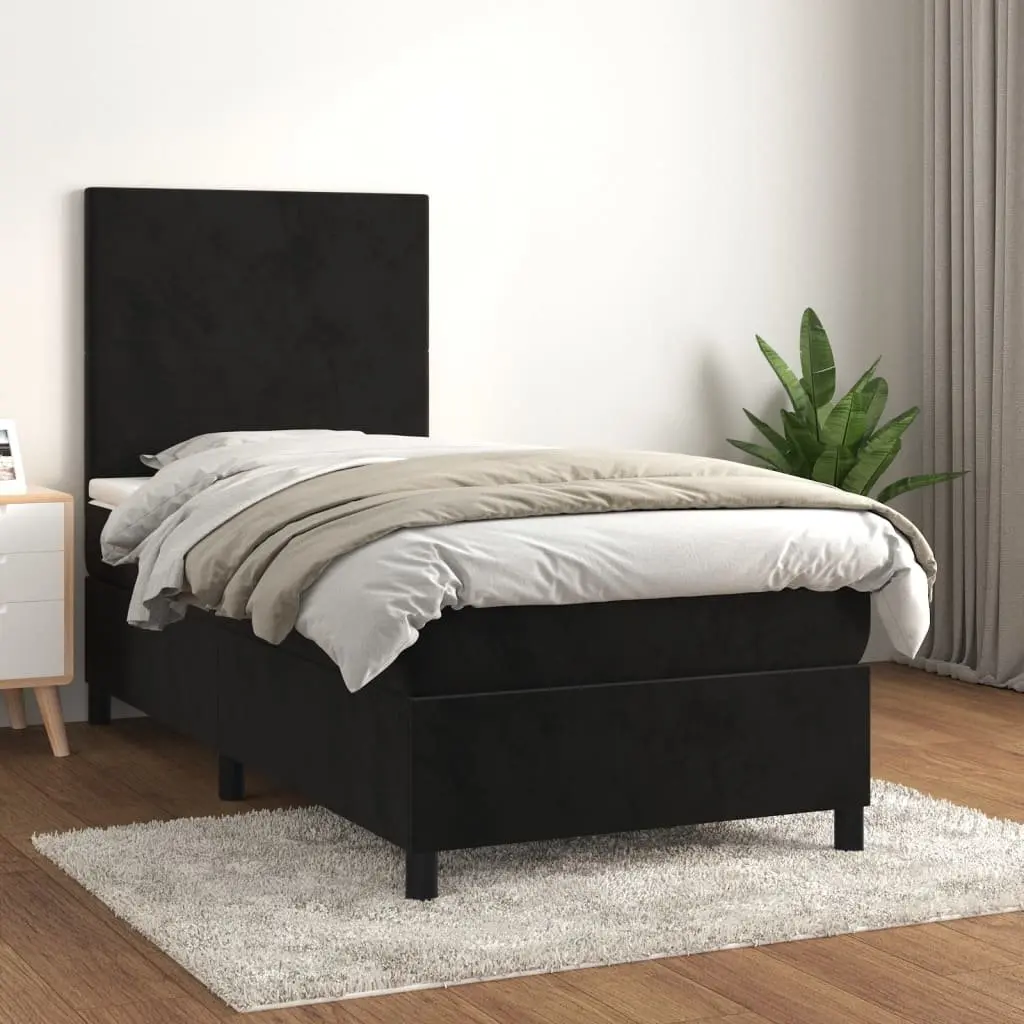 Box Spring Bed King Single with Pocket Spring Mattress Black Velvet 106x203cm