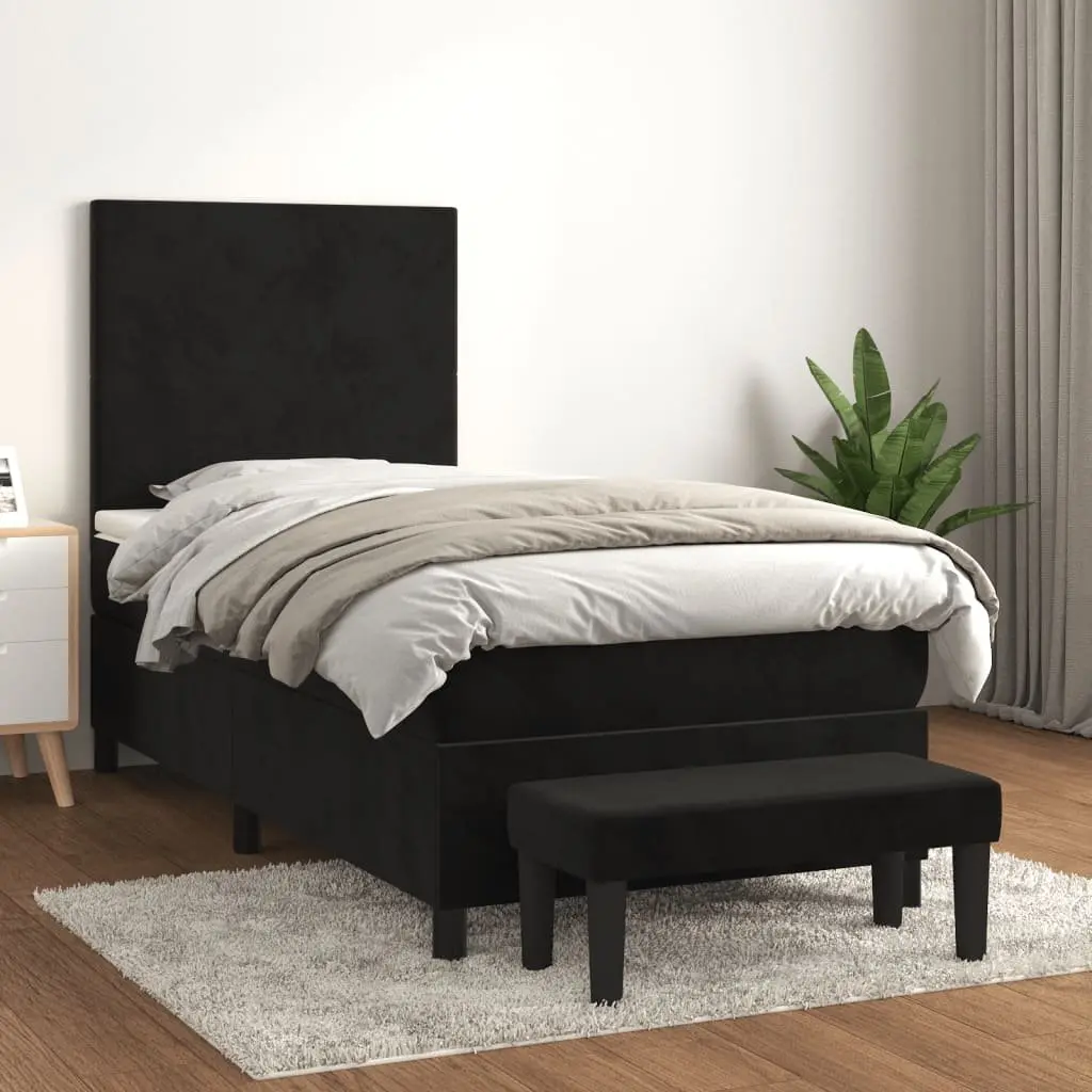 King Single Box Spring Bed with Pocket Spring Mattress Velvet Black 106x203cm