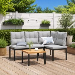 Garden Bench Patio Set 3 Pieces Black Steel Frame Outdoor Furniture Cushions