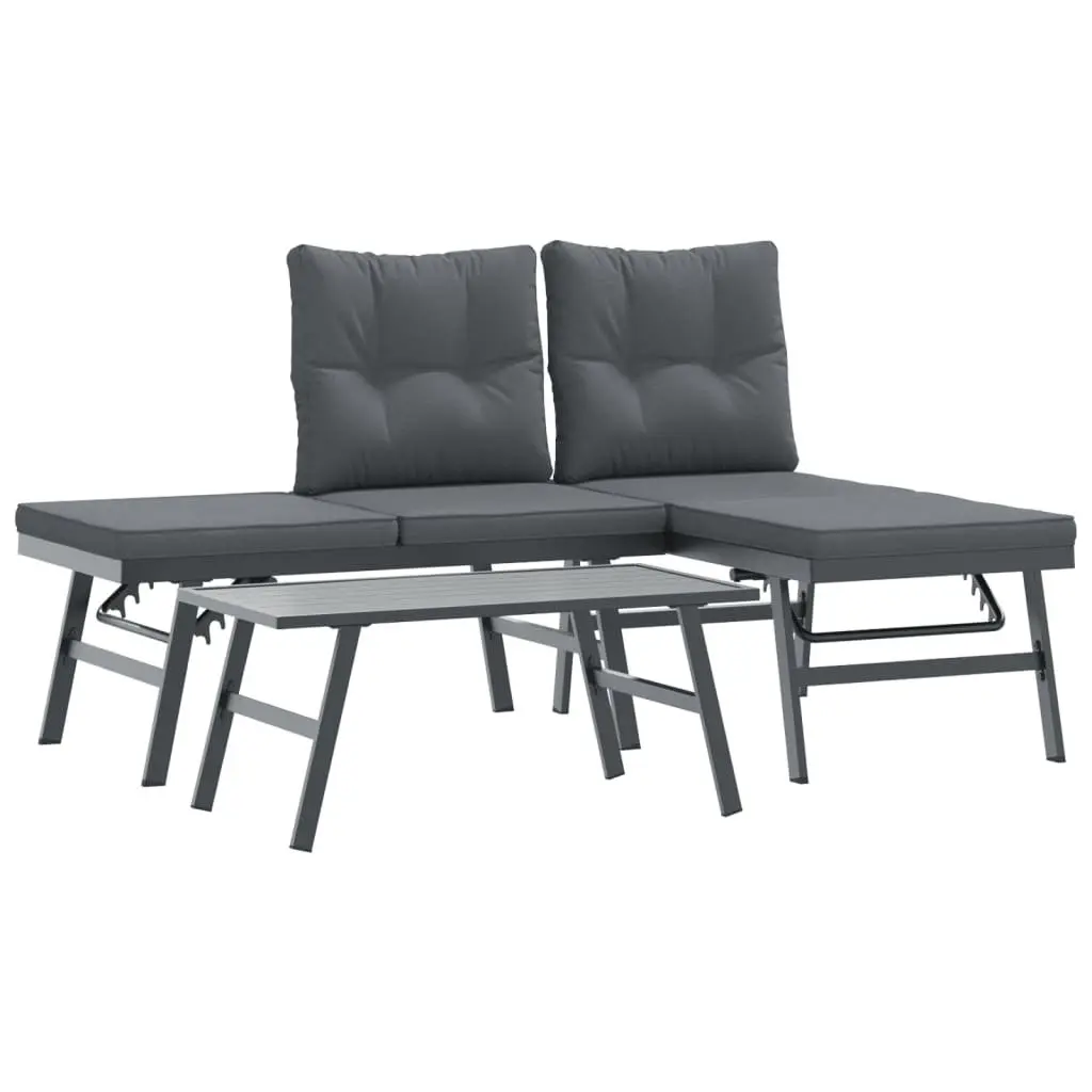 3 Piece Garden Bench Set Adjustable Lounger Black Powder-coated Steel Frame