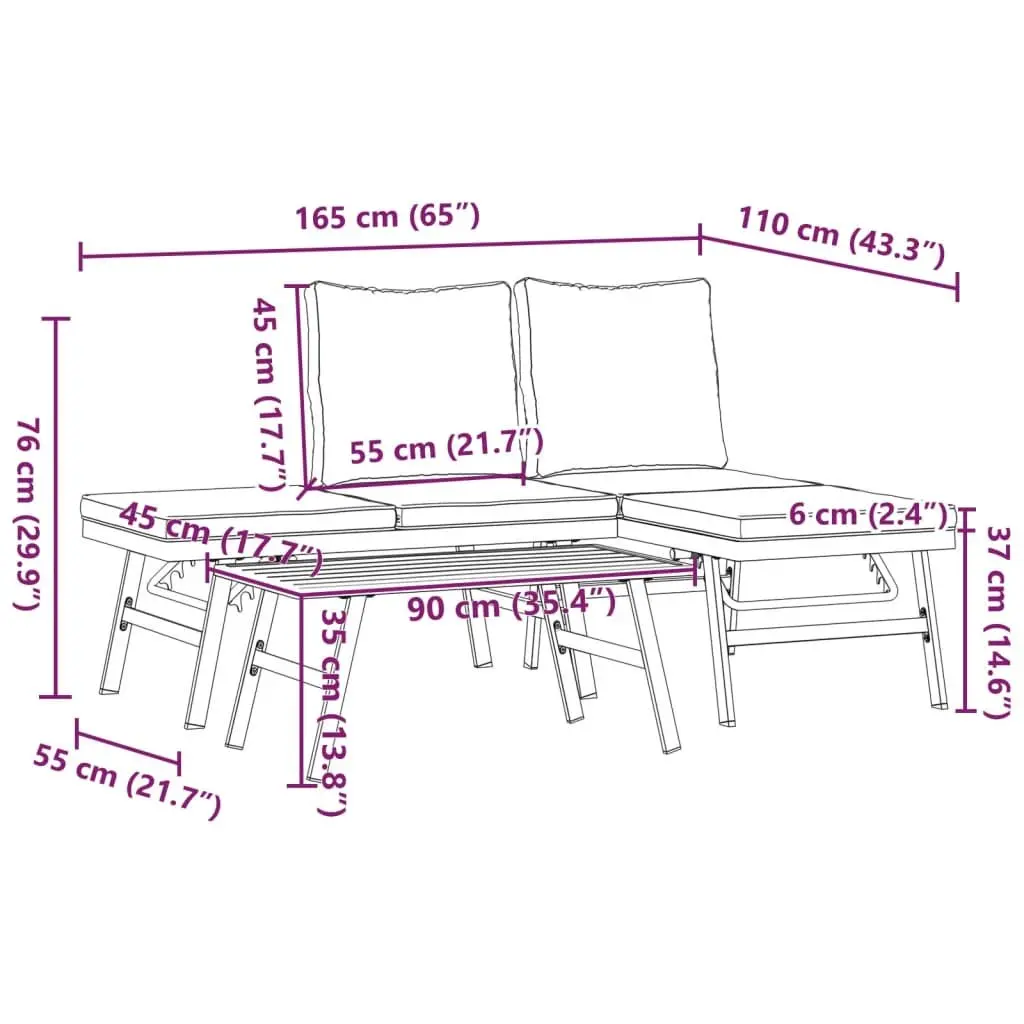 3 Piece Garden Bench Set Adjustable Lounger Black Powder-coated Steel Frame