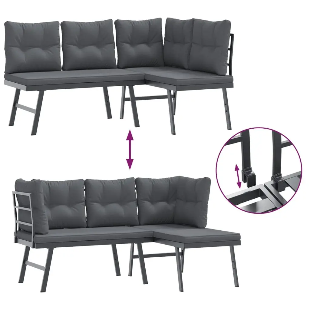 3 Piece Outdoor Garden Bench Set Powder-coated Steel Frame Black Cushions