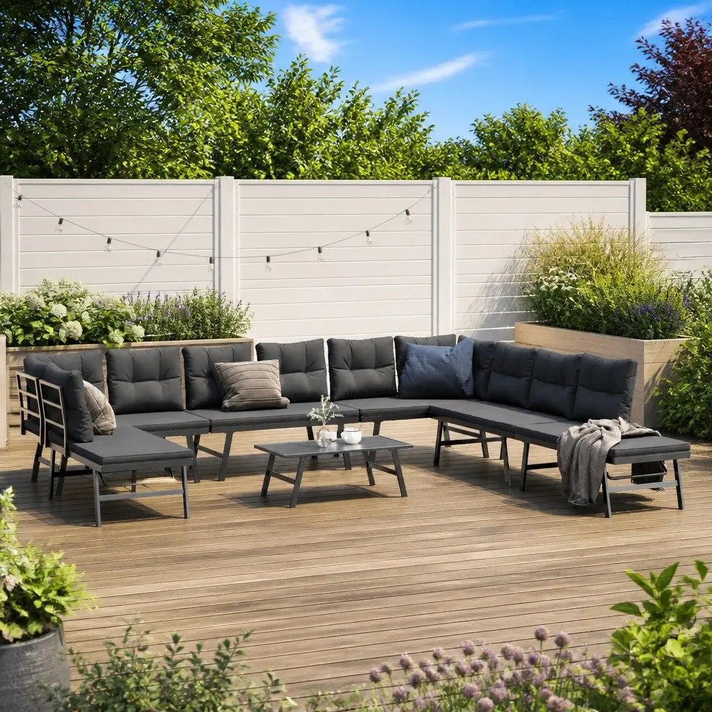 Garden Bench Set 6 Piece Outdoor Patio Furniture Black Steel Frame Cushioned