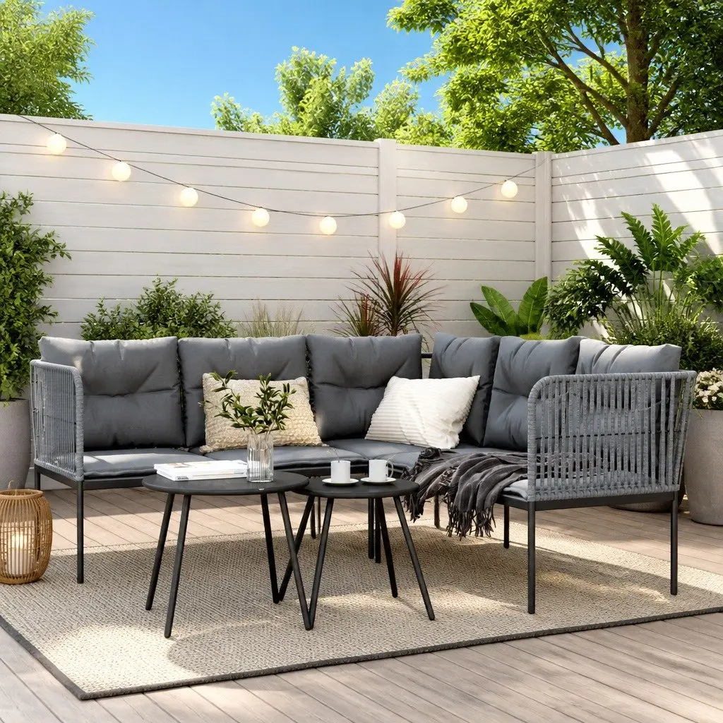 Garden Sofa Set Black Steel Frame Textilene Outdoor Patio with Cushions