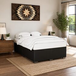 Queen Bed Frame Black Faux Leather Slats Support Bedroom Furniture