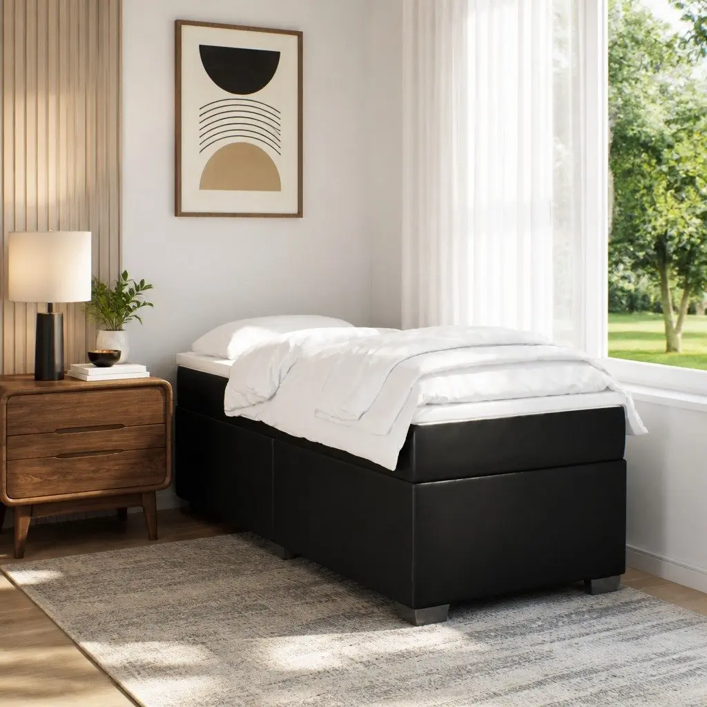 Box Spring Bed with Pocket Mattress King Single Black Faux Leather Frame