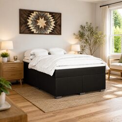 Queen Size Box Spring Bed with Pocket Mattress Black Faux Leather Frame