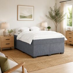 Grey Velvet Box Spring Bed with Pocket Spring Mattress Queen Size Bedroom