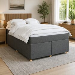 Double Box Spring Bed with Pocket Sprung Mattress Grey Fabric Frame Slats
