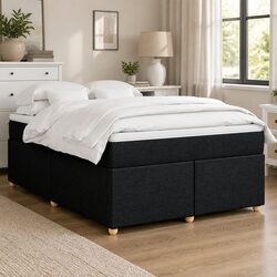 Double Box Spring Bed with Pocket Spring Mattress Black Fabric Bedroom Furniture