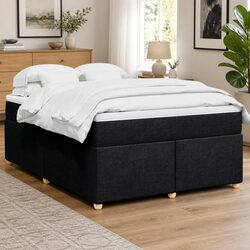 Queen Box Spring Bed with Pocket Spring Mattress Black Fabric Bedroom Furniture