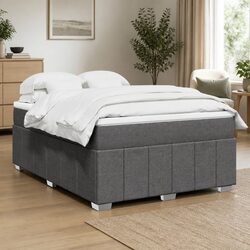 Double Box Spring Bed with Pocket Spring Mattress Grey Fabric Bedroom Furniture