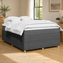 Double Box Spring Bed with Pocket Spring Mattress Black Fabric Platform Frame
