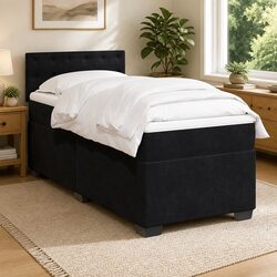 King Single Box Spring Bed with Pocket Mattress Black Fabric Frame Slats