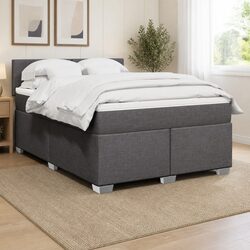 Double Box Spring Bed with Pocket Mattress Grey Fabric Bedroom Furniture Sleep