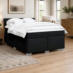 Double Box Spring Bed with Pocket Spring Mattress Black Fabric Bedroom Furniture