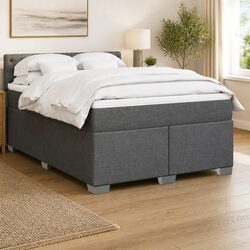 Double Box Spring Bed with Pocket Sprung Mattress Black Fabric Frame Slats