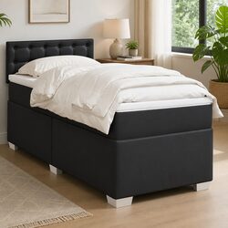 King Single Box Spring Bed with Pocket Sprung Mattress Black Faux Leather Frame