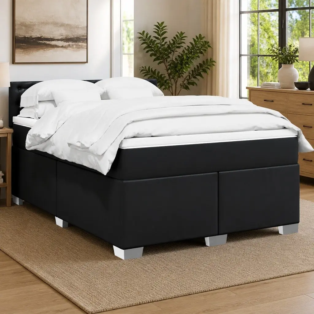 Queen Box Spring Bed Faux Leather Black with Pocket Spring Mattress