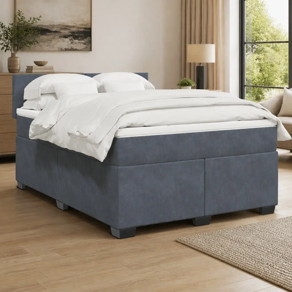 Box Spring Bed Pocket Spring Mattress Queen Velvet Upholstered Frame Slats Black