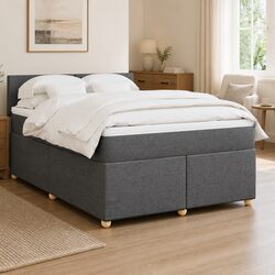 Double Box Spring Bed with Pocket Spring Mattress Grey Fabric Frame Slats