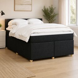 Double Box Spring Bed with Pocket Spring Mattress Black Fabric Bedroom Furniture