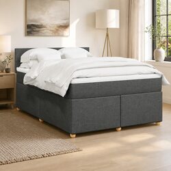 Double Box Spring Bed with Pocket Mattress Grey Fabric Frame Slats Support