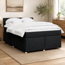 Queen Box Spring Bed with Pocket Mattress Black Fabric Bedroom Furniture