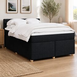 Queen Box Spring Bed with Pocket Mattress Black Fabric Bedroom Furniture Sleep