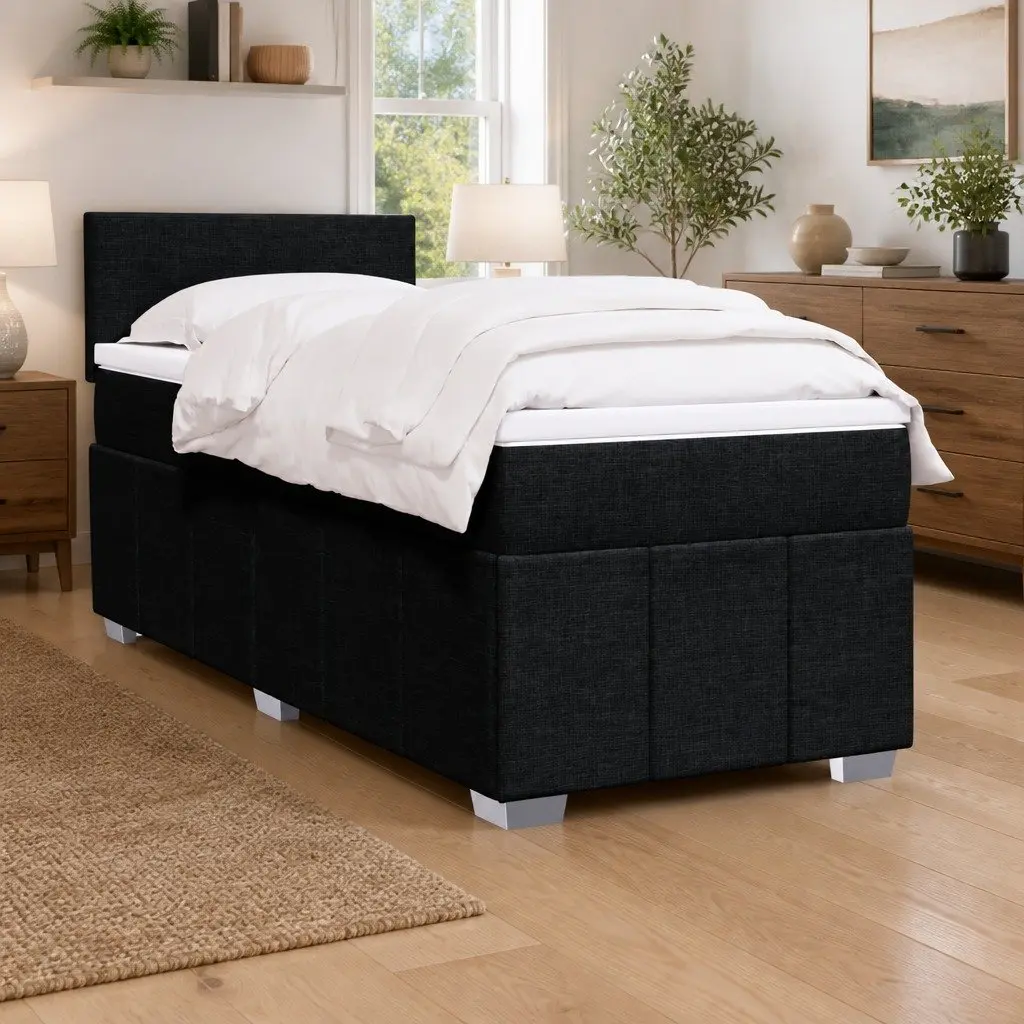 Box Spring Bed King Single Pocket Spring Mattress Black Fabric Frame