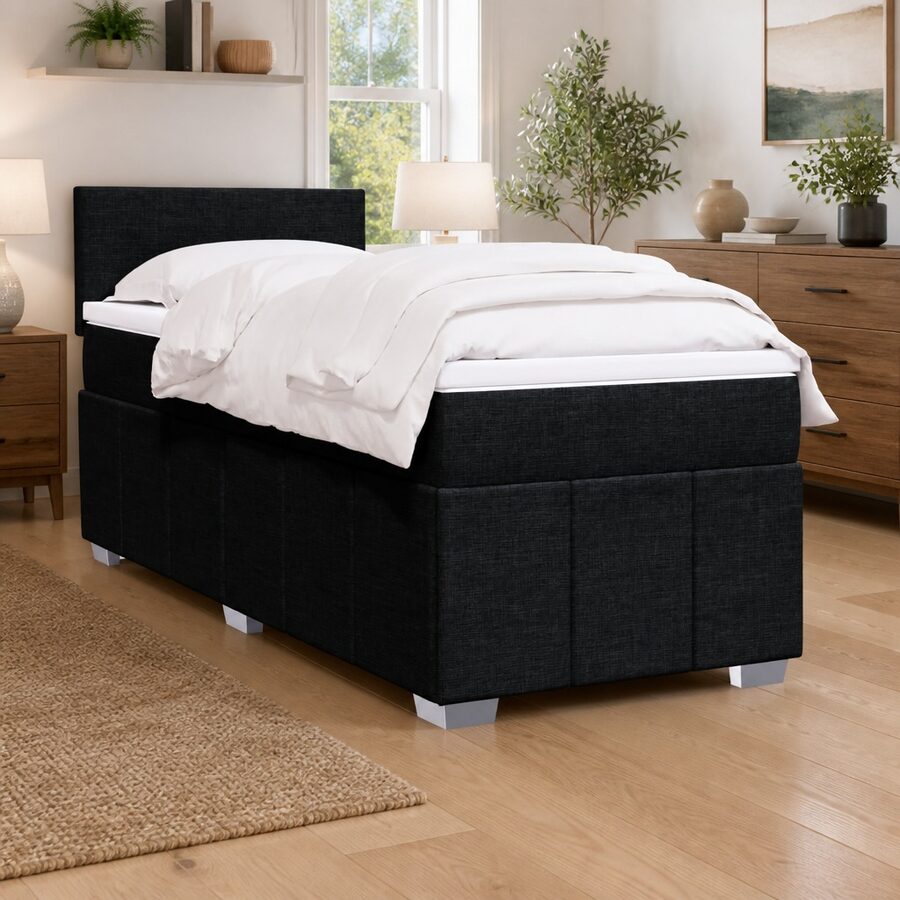 King Single Box Spring Bed with Pocket Mattress Black Fabric Frame