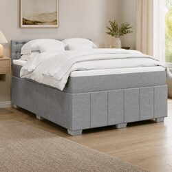 Double Box Spring Bed with Pocket Mattress Grey Fabric Frame Slats Support