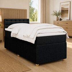 King Single Box Spring Bed with Pocket Mattress Black Fabric Frame Slats