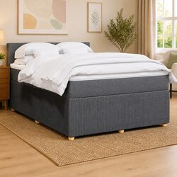 Double Box Spring Bed with Pocket Mattress Grey Fabric Frame Slats Support