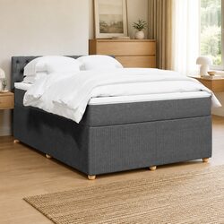 Double Box Spring Bed with Pocket Mattress Grey Fabric Bedroom Furniture