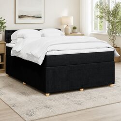 Double Box Spring Bed with Pocket Spring Mattress Black Fabric Frame Slats