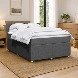 Queen Box Spring Bed with Pocket Mattress Dark Grey Fabric Frame Slats Support