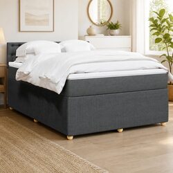 Queen Box Spring Bed with Pocket Mattress Dark Grey Fabric Bedroom Furniture