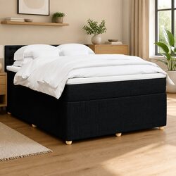 Queen Box Spring Bed with Pocket Mattress Black Fabric Upholstered Bedroom
