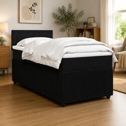King Single Box Spring Bed with Pocket Mattress Black Velvet Frame Slats