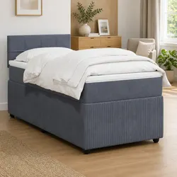 King Single Box Spring Bed with Pocket Mattress Grey Velvet Bedroom Furniture