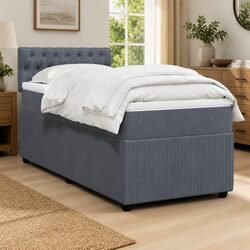 King Single Box Spring Bed with Pocket Mattress Dark Grey Velvet Bedroom