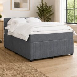 Queen Box Spring Bed with Pocket Mattress Grey Velvet Upholstered Frame Slats