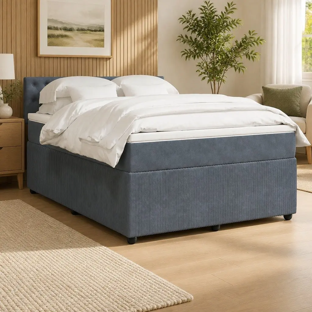 Queen Box Spring Bed Pocket Spring Mattress Grey Velvet Upholstered Frame
