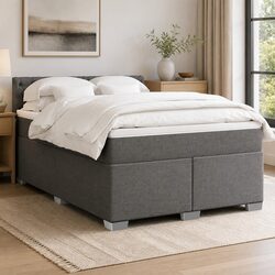 Double Box Spring Bed with Pocket Mattress LED Lights Grey Fabric Bedroom