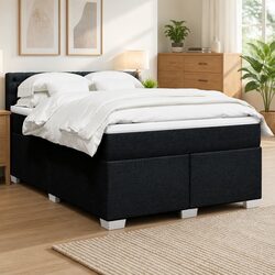Double Box Spring Bed with Pocket Mattress LED Lights Black Fabric Frame