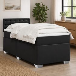King Single Box Spring Bed with Pocket Spring Mattress LED Lights Black Faux