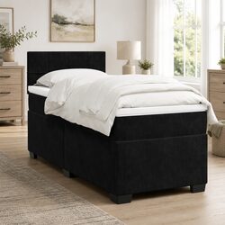 King Single Box Spring Bed with Pocket Spring Mattress LED Lights Black Velvet