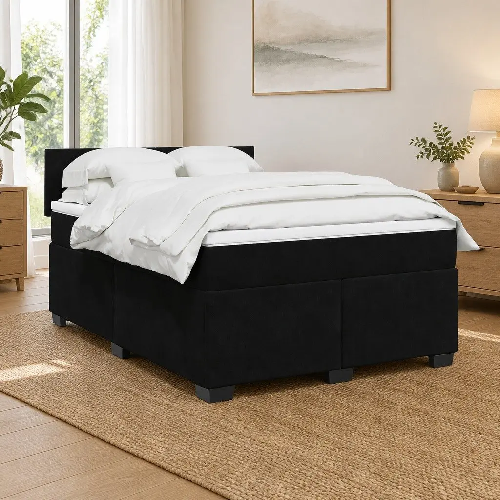 Double Box Spring Bed with Pocket Spring Mattress LED Lights Black Velvet