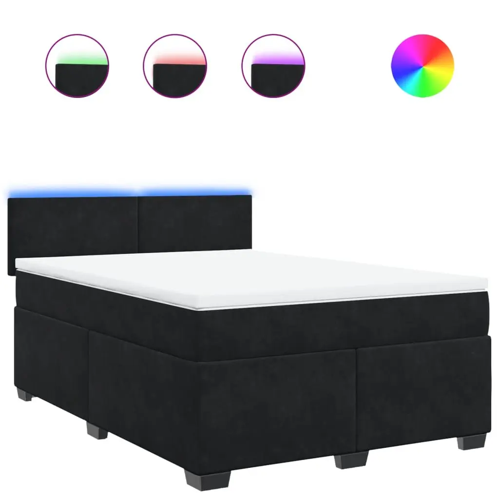Double Box Spring Bed with Pocket Spring Mattress LED Lights Black Velvet